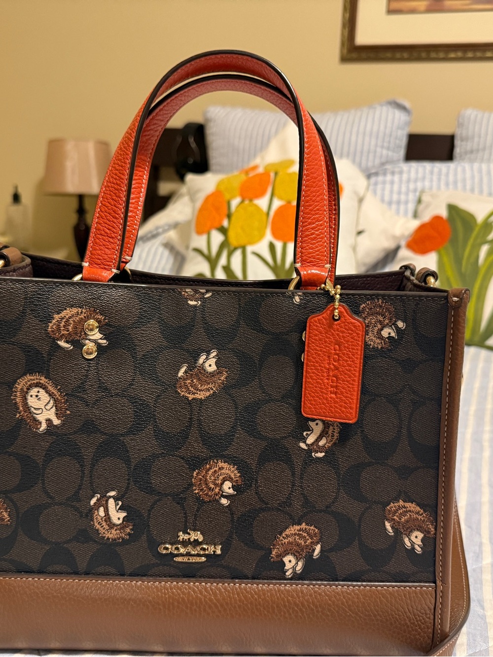 Coach Brown Signature Satchel with Orange Handles and Hedgehog Print - Picture 3 of 10